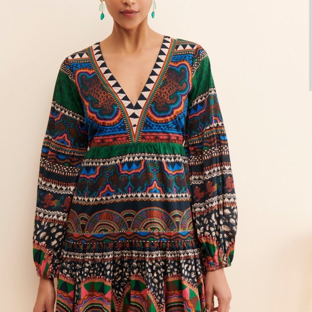 FARM Rio Multicolor V-Neck Long Sleeve Maxi Dress